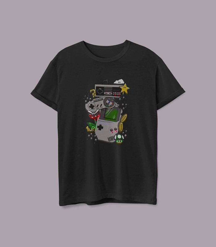 Camiseta color negro unisex consolas retro
