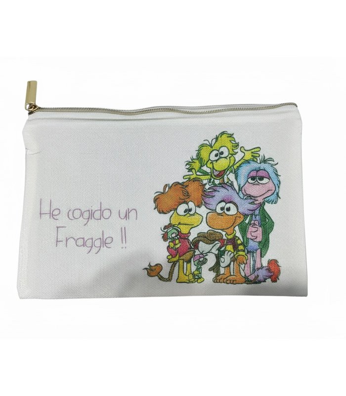Neceser de tela con cremallera dorada color blanco con estampado de los personaje de la serie Fraggle Rock