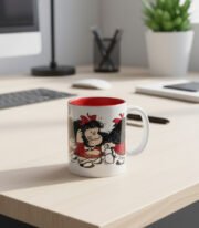 Taza blanca y roja con dibujo de Mafalda