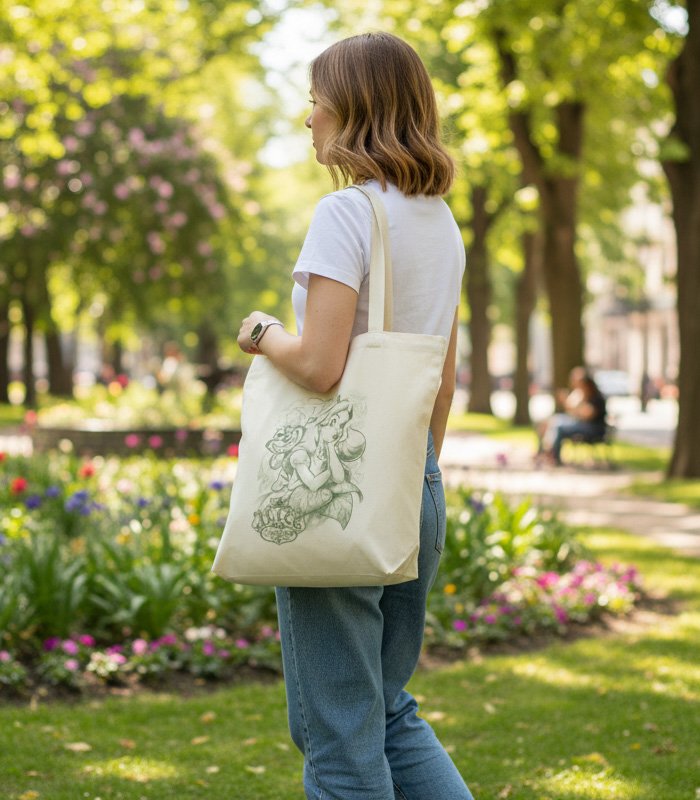 Chica posando en un parque llevando una tote bag con estampado de Alicia de país de las maravillas.